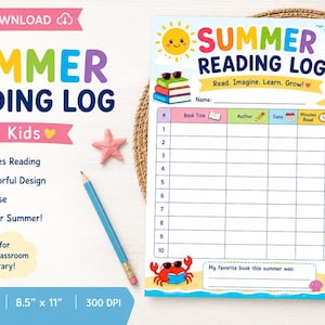 May include: A colorful summer reading log for kids, featuring a sun, palm tree, and beach scene. The log includes spaces to record book titles, authors, and reading minutes. The design is 8.5" x 11" and encourages reading.