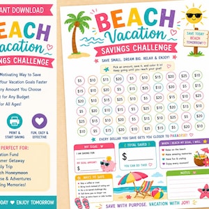 May include: A printable Beach Vacation Savings Challenge tracker featuring a colorful design with a palm tree, sun, and beach elements. The sheet includes rows of circles with dollar amounts, sections for savings goals, total saved, and notes.