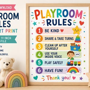 May include: A wall art print titled PLAYROOM RULES featuring six numbered colourful rows with text: 1 BE KIND, 2 SHARE & TAKE TURNS, 3 CLEAN UP AFTER YOURSELF, 4 USE YOUR INSIDE VOICE, 5 PLAY SAFELY, 6 HAVE FUN, and Thank you, decorated with icons.