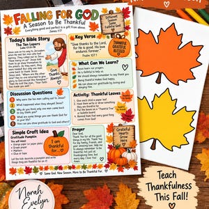 Peut inclure: Une fiche de leçon biblique pour enfants intitulée Falling for God, A Season to Be Thankful, avec des sections pour l'histoire, le verset clé, des questions et une idée de bricolage, accompagnée d'une feuille avec deux grandes feuilles orange et jaune.