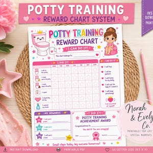 May include: A potty training reward chart system printed on a white sheet with pink and purple accents. The chart features a cartoon toilet, a child on a potty, star icons for tracking progress, a section for rewards, and an achievement award certificate.