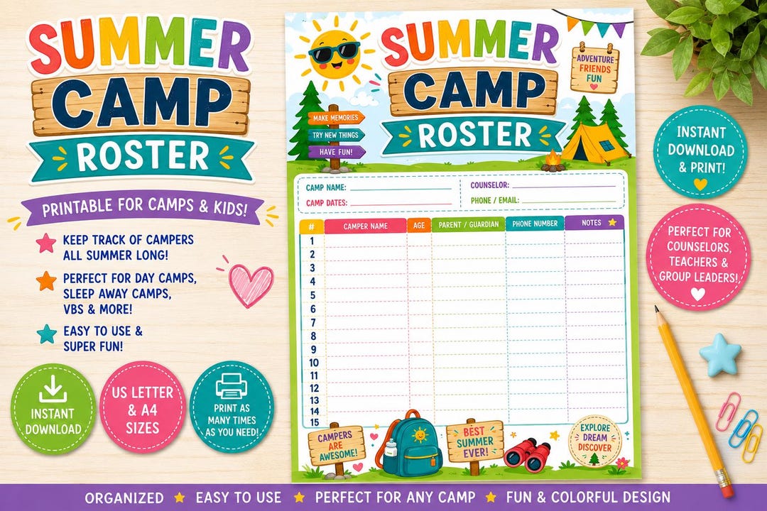 Summer Camp Roster Printable | Kids Counselor Organizer (digital ...