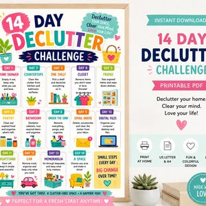Op de afbeelding: Een printbare 14-daagse opruimuitdaging-poster met kleurrijke iconen en tekst voor dagelijkse taken. De poster bevat een raster met 14 genummerde vakjes die specifieke organisatiedoelen beschrijven, aangevuld met decoratieve elementen zoals hartjes en planten.