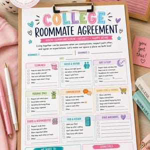 May include: A printed college roommate agreement form on a clipboard with colorful headings and checkboxes. The document includes sections for cleanliness, guests, quiet hours, personal space, communication, expenses, school, and food, with signature lines.