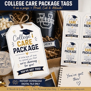 May include: A set of printable college care package tags featuring a navy blue graduation cap icon, gold and navy text reading College Care Package, A little box of love to remind you that we're cheering for you, and You've got this, with small gold hearts.