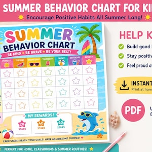 May include: A printable summer behavior chart for kids featuring a beach theme with a sun, palm tree, and dolphin. The chart includes a grid for tracking daily goals with star icons, a rewards section, and text stating US Letter 8.5" x 11".