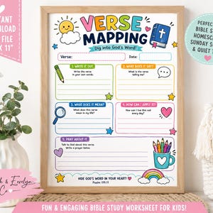 May include: A printable verse mapping worksheet for kids in a wooden frame. The page features the title Verse Mapping, sections for verse, date, and five numbered steps with colorful icons like a pencil, magnifying glass, and rainbow.