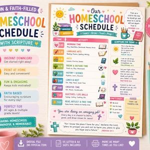 May include: A colorful homeschool schedule with scripture, featuring a daily timetable with subjects like math, language arts, and creative time. Includes a digital download option and US Letter & A4 sizes. The schedule is designed to be fun and faith-filled.