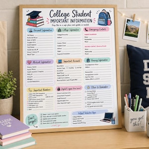 Può includere: Un foglio organizzatore incorniciato College Student Important Information con sezioni per dati personali, medici e di emergenza. Il documento bianco presenta intestazioni colorate, icone e linee compilabili all'interno di una cornice di legno.