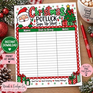 Pode incluir: Uma folha de inscrição para um potluck de Natal com um Papai Noel, uma árvore decorada e caixas de presente. O documento inclui colunas para Nome, Prato a trazer e Notas, com o texto Christmas Potluck Sign Up Sheet e Good Food Good Company Happy Holidays.