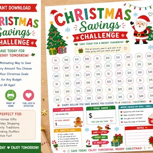 Op de afbeelding: Een afdrukbaar kerstspaaruitdagingsblad met kleurrijke tekst en illustraties. Bevat een kerstman, een kerstboom en ruimtes om spaardoelen bij te houden. Bevat tekst: "Spaar vandaag voor een vrolijk morgen!"