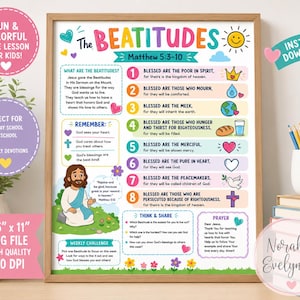 May include: A colourful educational poster titled The Beatitudes Matthew 5:3-10, featuring numbered verses from one to eight, illustrations of Jesus, a crown, a water drop, the earth, bread, water, a heart, a dove, and a cross, with text for kids.