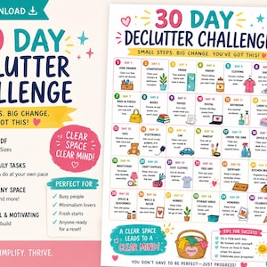 Puede incluir: Un PDF imprimible de desafío de organización de 30 días con una cuadrícula de tareas diarias, iconos coloridos y texto. El documento incluye un título, frases motivadoras y un calendario de 30 días con objetivos de limpieza para cada día.