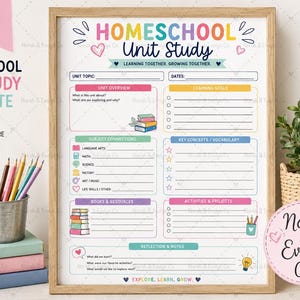 May include: A printable homeschool unit study template in a wooden frame, featuring colorful headers and sections for unit topics, learning goals, subject connections, key concepts, vocabulary, books, resources, activities, projects, and reflection notes.