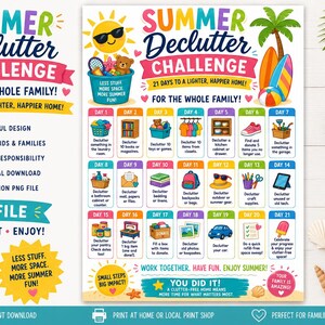 Puede incluir: Un gráfico imprimible de Summer Declutter Challenge con un calendario de tareas de 21 días, iconos coloridos, un sol, una palmera y tablas de surf. El texto dice Summer Declutter Challenge y enumera las tareas diarias a realizar.