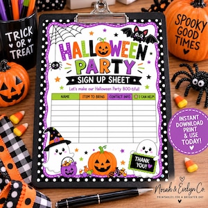 May include: A Halloween party sign-up sheet on a black clipboard with white polka dots. The sheet features colorful text, a pumpkin, a ghost, a bat, and a spider web. It includes columns for name, item to bring, contact info, and a checkbox for help.