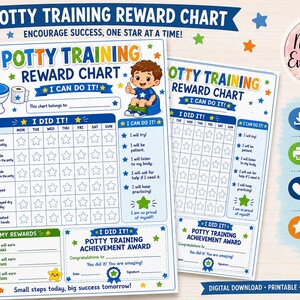 May include: A potty training reward chart printed on US Letter 8.5 x 11 inch paper. The white chart features blue, green, and orange text, a cartoon toilet, and a child sitting on a potty. It includes a weekly grid for stars, goal lists, and an achievement award section with the text Norah & Evelyn Co.