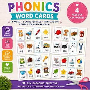 May include: Phonics word cards featuring four pages of CVC words with colorful illustrations and text labels. The set includes 32 printable cards with images of animals, objects, and nature. A pair of pink scissors is positioned at the bottom right.