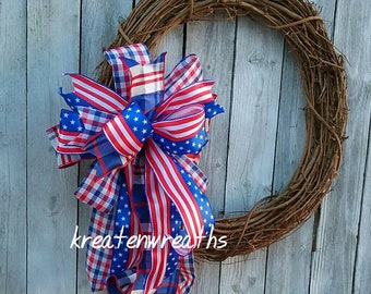 Patriotic bow, Red White Blue Bow, Patriotic Wreath Bow, Summer Bow,July 4th Decor,Patriotic Lantern Bow, Farmhouse Patriotic July 4th Decor