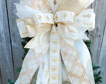 Elegant Gold White Silver Christmas Tree Topper Bow Merry Christmas Tree Topper Christmas Decor Gold Winter Tree Decor Gold Tree Topper Bow
