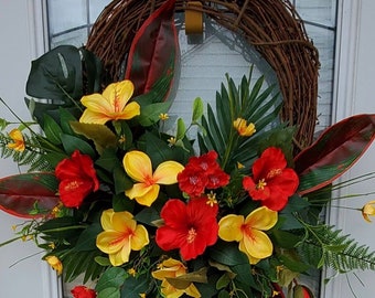 Tropical Hibiscus Summer Wreath Red and Yellow Hibiscus Grapevine Floral Wreath Summer Wreath Summer Frontdoor Grapevine Wreath Summer Wreat