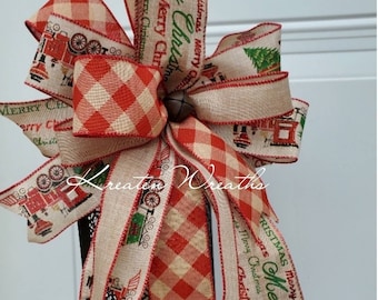Rustic Christmas Wreath Lantern Bow Red Christmas Train Robbon Bow Natural and Red Christmas Bow, Gift Swag
