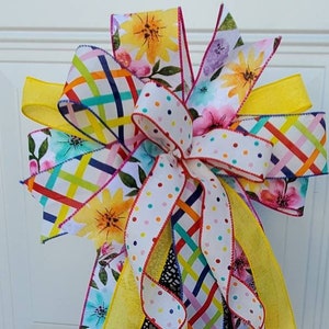 Spring Summer Lantern Bow  Wreath Lantern Mailbox Light Fixture Bow Pink Blue and Yellow Bow Beautiful and Colorful Summer Decorative Bow