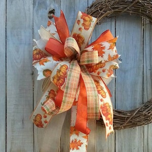 Rustic Fall Harvest Pumpkin Leaves Bow Harvest Bow Pumpkin Fall Wreath Lantern Bow Autumn Pumpkin Decor Thanksgiving Decor Harvest Wreat Bow