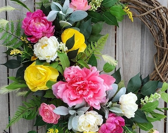 Spring Wreath Pink Yellow White Peony Floral Wreath Colorful Spring Wreath Peony Lambs Ear Floral Front Door Wreath Farmhouse Spring Decor