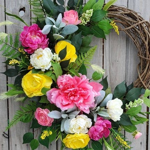 Spring Wreath Pink Yellow White Peony Floral Wreath Colorful Spring Wreath Peony Lambs Ear Floral Front Door Wreath Farmhouse Spring Decor
