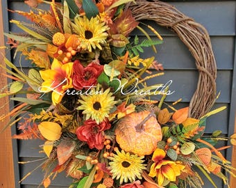 Fall Pumpkin Wreath Floral Harvest Sunflower Wreath with Pumpkin and Berries Orange Yellow Autumn Frontdoor Wreath Thanksgiving Door Wreath