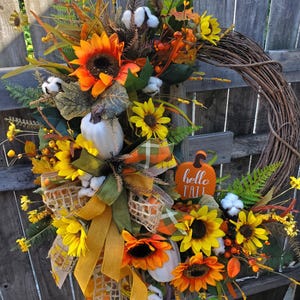 Hello Fall Wreath Harvest Sunflower Door Wreath with Yellow and Orange Sunflower White Pumpkins Cotton Stems Berries Thanksgiving Door Decor