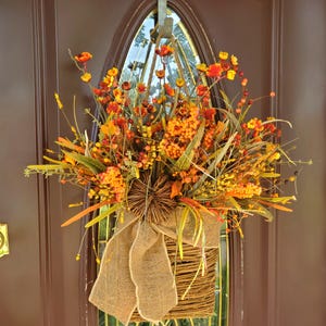 Rustic Fall Autumn Door Hanger Basket Fall Floral Berry Harvest Basket with Pumpkin and Burlap Bow Thanksgiving Front Door Fall Arrangement