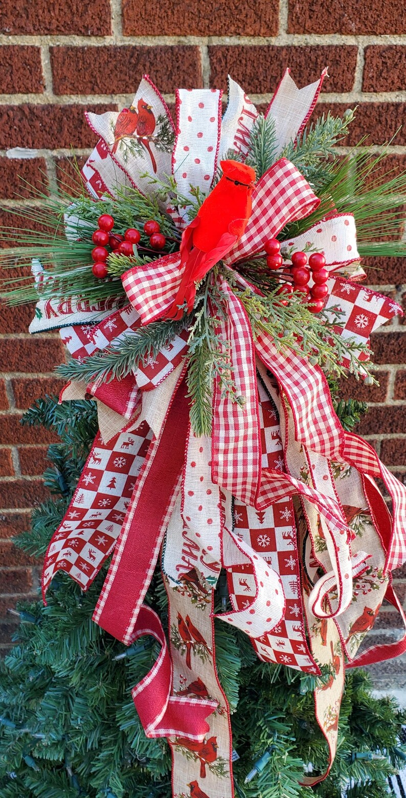 Rustic Christmas Tree Topper Bow Cardinal Tree Topper Christmas Tree Bow Rustic Cardinal Christmas Decor Wreath Bow Cardinal Winter Tree Dec image 4