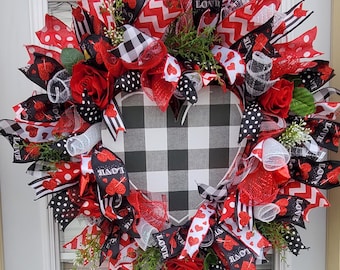 Valentines Wreath Red and Black Love Wreath Winter Valentines Floral Mesh Wreath with Heart Ornaments Floral Stems and Red Rose Heart Wreath
