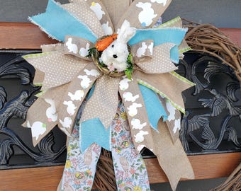 Easter Bunny Lantern Bow Easter Bow with Bunny in Basket with Carrot Rustic Spring Lantern Bow Natural Blue Yellow and Pink Spring Wreath Bo