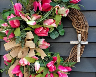 Easter Cross Tulip Wreath Spring Pink Easter Wreath Wooden Cross Rustic Tulip Farmhouse Easter Wreath Religious Lent Door Decor Resurrectio