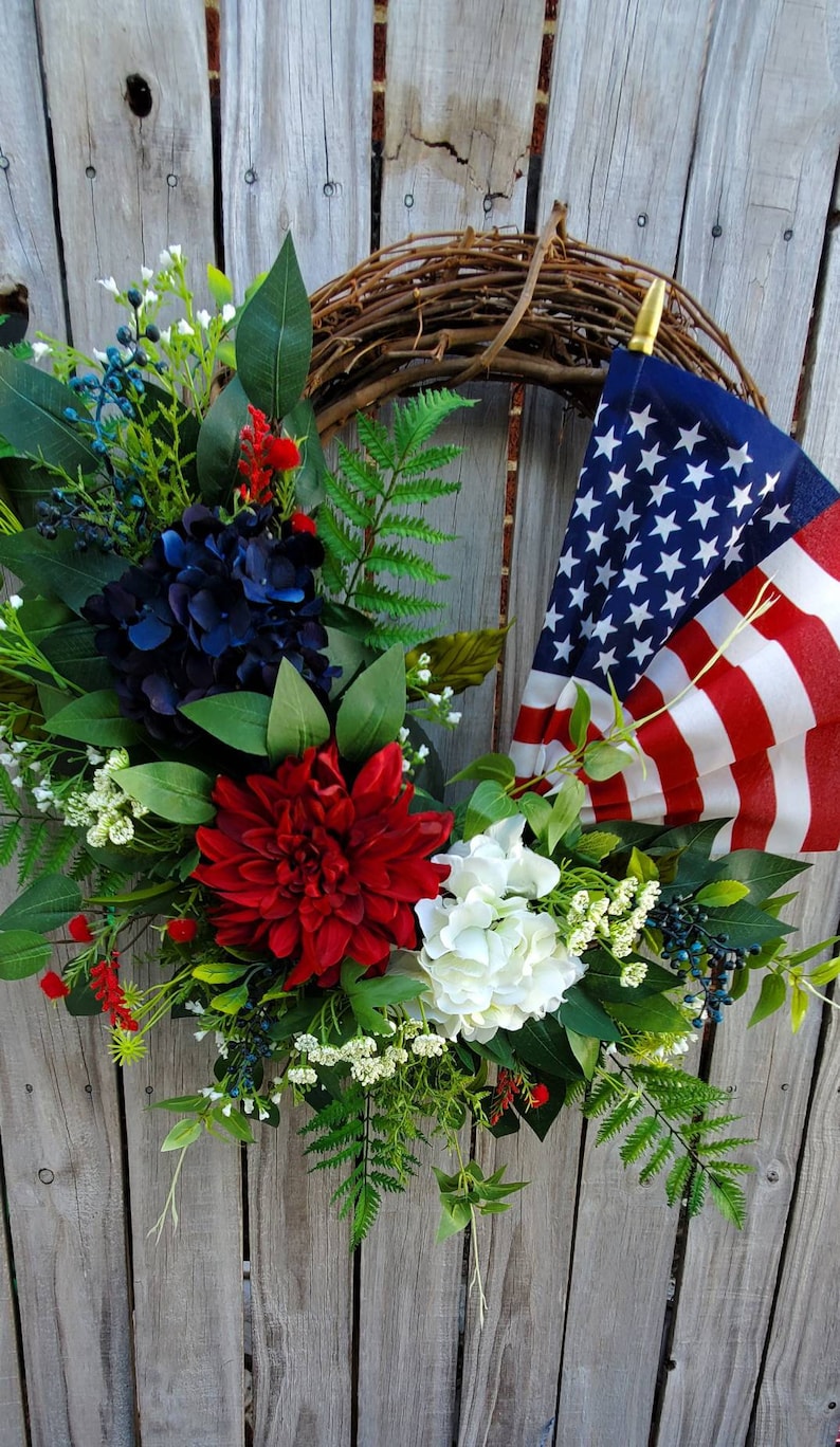 Patriotic American Flag Wreath 4th of July Spring Summer grapevine Everyday Wreath Memoral Day Red White Blue Hydrangeas frontdoor wreath image 1