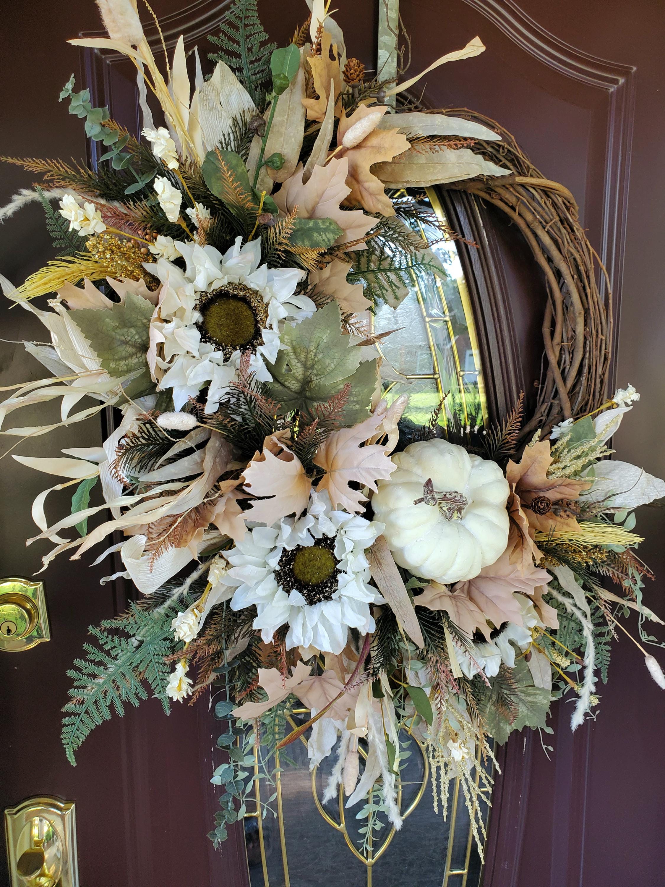 Fall Harvest Wreath Orange and Brown Tone Grapevine Floral Autumn Door ...