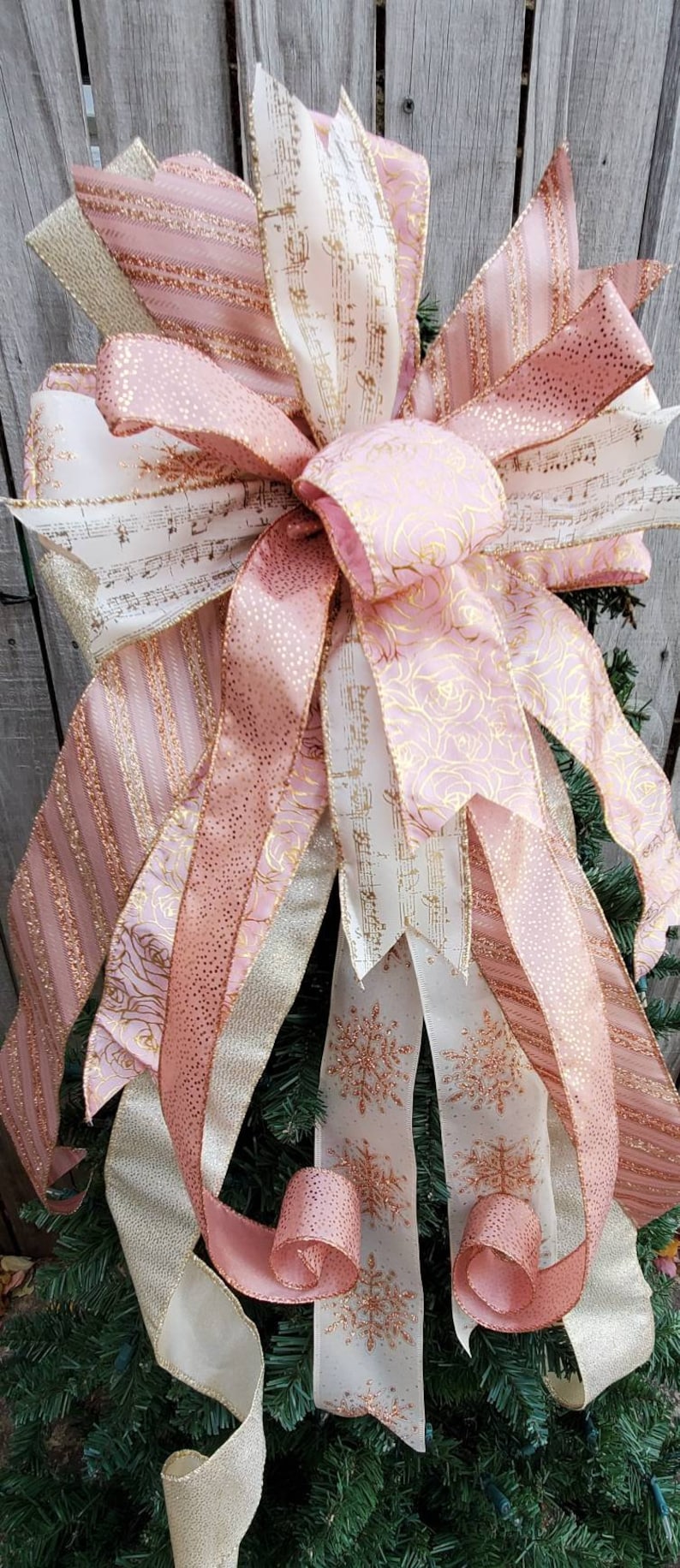 Christmas Tree Topper Bow Pink Gold Sparkle Christmas Music Note Bow ...