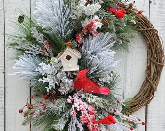Winter Cardinal Wreath Christmas Cardinal Door Wreath with bird House  Red Frosted Berries flock Branches and Cardinals Cardinal Christmas D