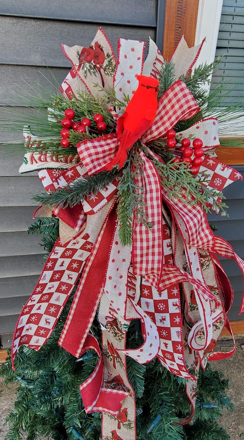 Rustic Christmas Tree Topper Bow Cardinal Tree Topper Christmas Tree Bow Rustic Cardinal Christmas Decor Wreath Bow Cardinal Winter Tree Dec image 3