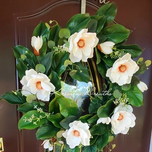 Magnolienkranz Bauernhaus Dekoration Oberer Magnolienkranz mit Blumenstielen Rustikale Bauernhaustür Dekor Alltagskranz Drinnen und Draußen