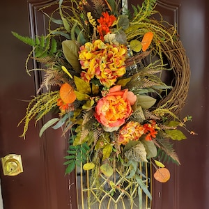 Fall Harvest Wreath Rustic Orange Tone Peony and Hydrangeas Frontdoor Grapevine Wreath Thanksgiving Wreath Autumn Decor Front Door Wreath