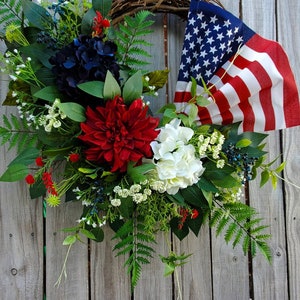 Patriotic American Flag Wreath 4th of July Spring Summer grapevine Everyday Wreath Memoral Day Red White Blue Hydrangeas frontdoor wreath image 9