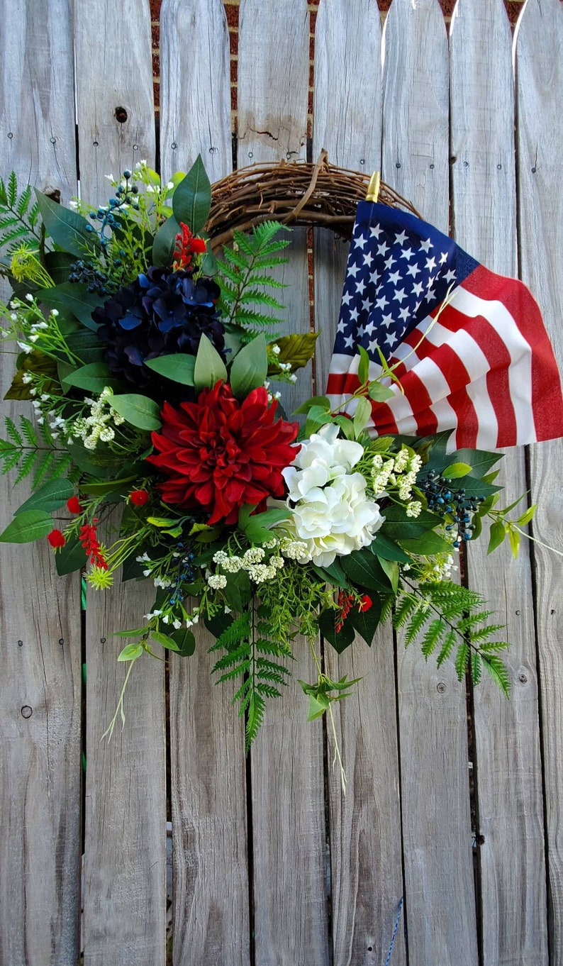 Patriotic American Flag Wreath 4th of July Spring Summer grapevine Everyday Wreath Memoral Day Red White Blue Hydrangeas frontdoor wreath image 9