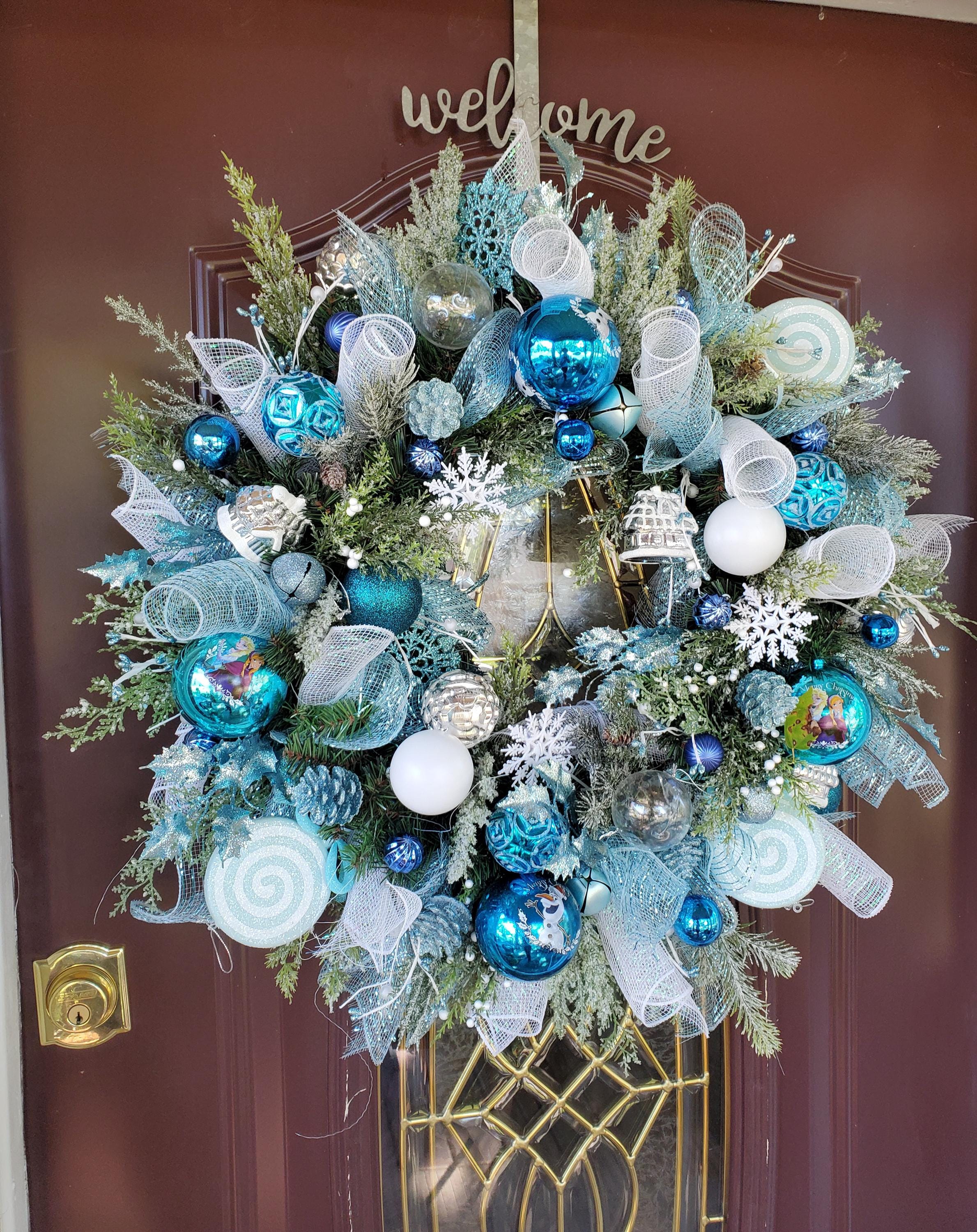 Blue and White Christmas Ornament Wreath Winter Door Wreath Blue