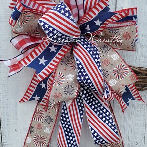 Patriotic Lantern Bow Red White Blue Summer Star and Stripe Patriotic Wreath Bow July 4th Porch Decor Independence Decor Summer Wreath Bow