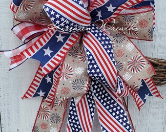 Patriotic Lantern Bow Red White Blue Summer Star and Stripe Patriotic Wreath Bow July 4th Porch Decor Independence Decor Summer Wreath Bow