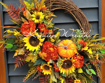 Fall Sunflower Wreath with Pumpkin Fall Peony Stems Harvest Pumpkin Front Door Wreath Yellow and Orange Peony Fall Wreath Autumn Frontdoor W